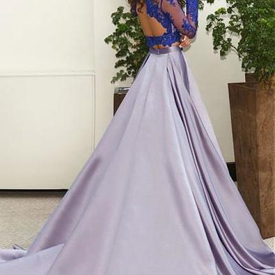 New chic tulle & satin jewel neckline a-line two-piece prom dress with lace appliques - Thumbnail 1