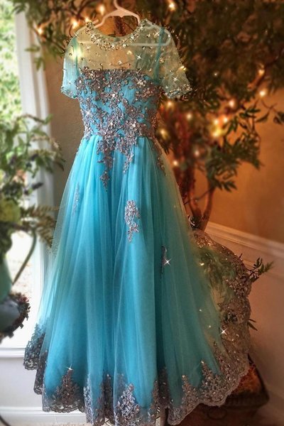 Dark turquoise organza see-through applique beading long prom dresses, evening dresses