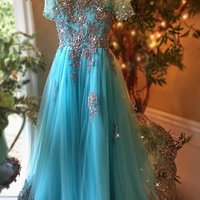 Dark turquoise organza see-through applique beading long prom dresses, evening dresses - Thumbnail 1