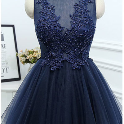 Charming prom dress,navy blue tulle prom dresses,elegant prom dress,beaded prom gown,short homecoming dress