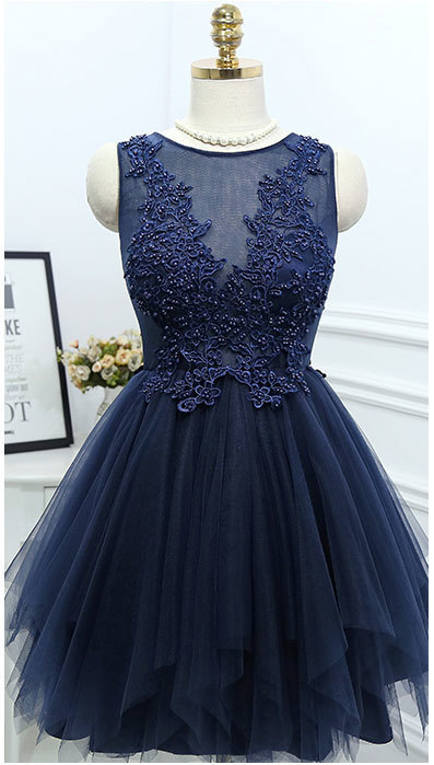 Charming Prom Dress,Navy Blue Tulle Prom Dresses,Elegant Prom Dress,Beaded Prom Gown,Short Homecoming Dress