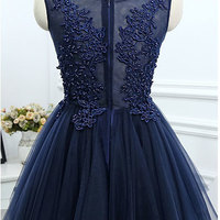Charming Prom Dress,Navy Blue Tulle Prom Dresses,Elegant Prom Dress,Beaded Prom Gown,Short Homecoming Dress - Thumbnail 1