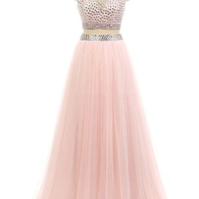 Elegant pink chiffon beading two pieces high neck a-line long prom dresses evening dresses - Thumbnail 2