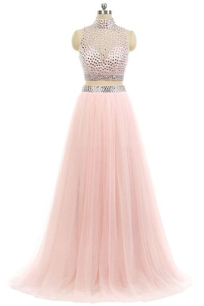 Elegant pink chiffon beading two pieces high neck A-line long prom dresses evening dresses