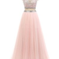 Elegant pink chiffon beading two pieces high neck A-line long prom dresses evening dresses - Thumbnail 1