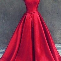 Charming Dark Navy Blue A Line Prom Dresses Satin Off The Shoulder Evening Gowns With Belt And Pleat - Thumbnail 1