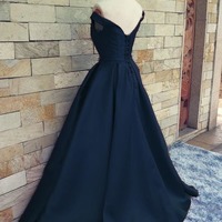 Charming Dark Navy Blue A Line Prom Dresses Satin Off The Shoulder Evening Gowns With Belt And Pleat - Thumbnail 2