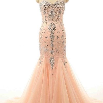 Orange tulle sweetheart court train beading trumpet/mermaid prom dresses