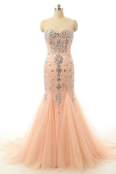 Orange tulle sweetheart court train beading trumpet/mermaid prom dresses