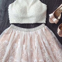 White lace two pieces pearl beading halter A-line short prom dresses for teens - Thumbnail 1