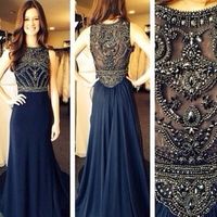 long prom dress navy prom dress chiffon prom dress beading prom dress prom dress long evening dress - Thumbnail 1