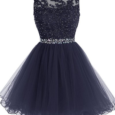 Short beaded prom dress tulle applique evening dress lace homecoming dress - Thumbnail 3