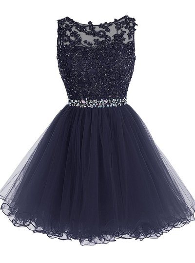 Short Beaded Prom Dress Tulle Applique Evening Dress Lace Homecoming Dress