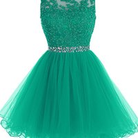 Short Beaded Prom Dress Tulle Applique Evening Dress Lace Homecoming Dress - Thumbnail 1