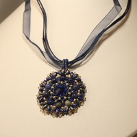 Sapphire Blue and Sodalite Stone Sparkling Crystal Pendant on Ribbon Necklace - Thumbnail 2