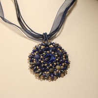 Sapphire Blue and Sodalite Stone Sparkling Crystal Pendant on Ribbon Necklace - Thumbnail 3