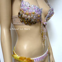 Pastel Pink Peach Sunset Princess Bra with Bottom Cosplay Dance Costume Rave Bra Halloween Burlesque Show Girl - Thumbnail 3