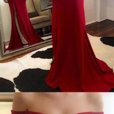Elegant red velvet off shoulder long evening gowns, red slit prom dresses, floor length formal gowns