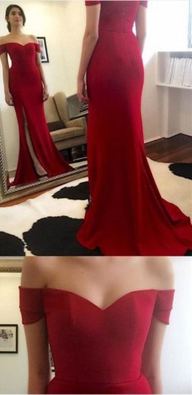 Elegant Red Velvet Off Shoulder Long Evening Gowns, Red Slit Prom Dresses, Floor Length Formal Gowns