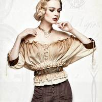 Steampunk Slash Neck T-shirt Brown or off the shoulder top t-shirt steampunk top Summer top - Thumbnail 2