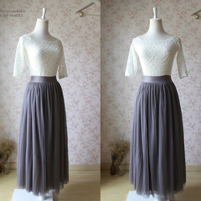 Adult dark gray tulle skirt outfit custom plus size women full maxi tulle skirt elastic waist