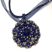 Sapphire Blue and Sodalite Stone Sparkling Crystal Pendant on Ribbon Necklace - Thumbnail 1