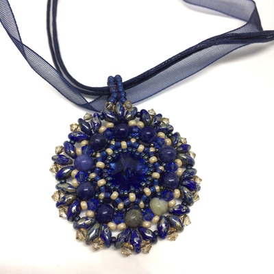 Sapphire Blue and Sodalite Stone Sparkling Crystal Pendant on Ribbon Necklace