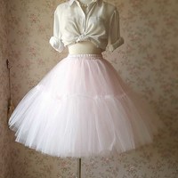 Light Pink A Line Midi Skirt Women Girl Tulle Skirts - Thumbnail 2