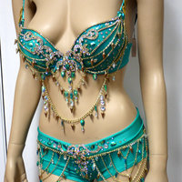 Jade Princess Jasmine Gold Chain Scrunchie Bottom Cosplay Dance Costume Rave Bra Rave Wear Halloween Burlesque Show Girl - Thumbnail 3