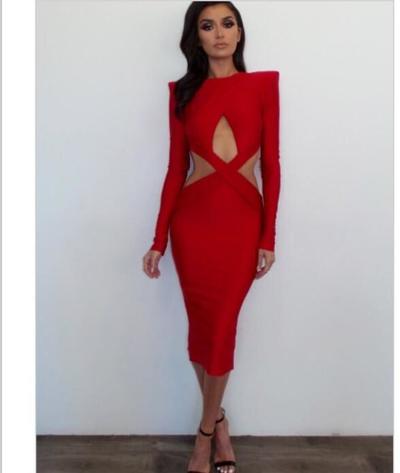 Red Mermaid Prom Dresses Long Sleeve Cutout Side Slit Evening Dresses Party Gowns Vestidos