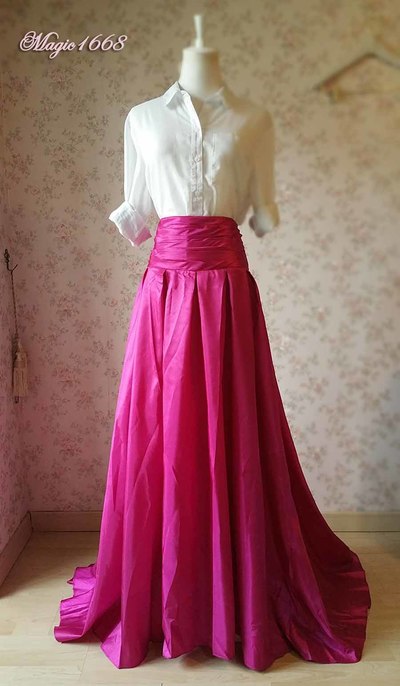 Fuchsia High Waist High Low Pleated Party Skirt Custom Plus Size Pleated Maxi Skirt Evening Skirt Hot Pink Holiday Outfit
