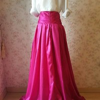 Fuchsia High Waist High Low Pleated Party Skirt Custom Plus Size Pleated Maxi Skirt Evening Skirt Hot Pink Holiday Outfit - Thumbnail 2