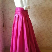 Fuchsia High Waist High Low Pleated Party Skirt Custom Plus Size Pleated Maxi Skirt Evening Skirt Hot Pink Holiday Outfit - Thumbnail 3
