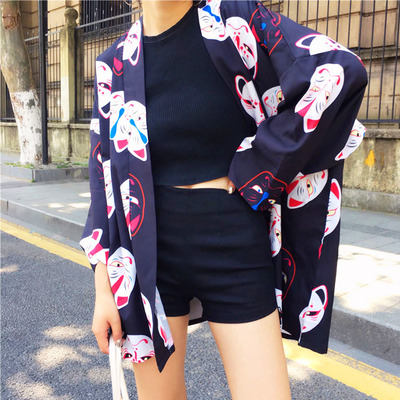 Lucky cat mask kimono in black - Thumbnail 5