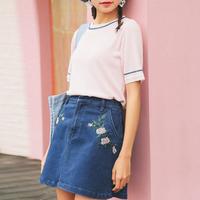 Floral Denim A-line Skirt - Thumbnail 1