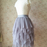 Gray Elastic Midi Tulle Skirt - Thumbnail 1