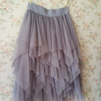 Gray Elastic Midi Tulle Skirt - Thumbnail 2