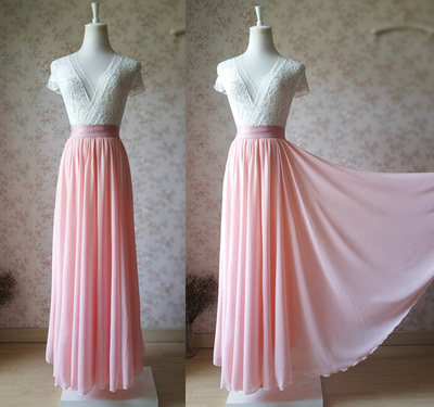 Blush Pink A Line Chiffon Maxi Skirt Plus Size Pink Wedding Party Skirt 