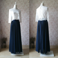 NAVY BLUE Chiffon Full Long Maxi Skirt Women Navy Maxi Silky Chiffon Skirt - Thumbnail 3