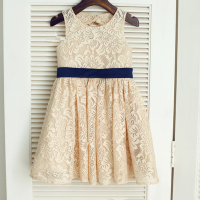 Champagne lace navy blue sash bow keyhole backless open back flower girl dress children toddler dress for wedding junior bridesmaid dress