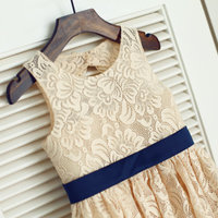 Champagne Lace Navy Blue Sash Bow Keyhole Backless Open back Flower Girl Dress Children Toddler Dress for Wedding Junior Bridesmaid Dress - Thumbnail 1