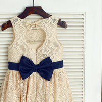 Champagne Lace Navy Blue Sash Bow Keyhole Backless Open back Flower Girl Dress Children Toddler Dress for Wedding Junior Bridesmaid Dress - Thumbnail 2