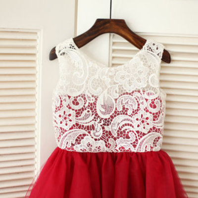 Red tulle ivory lace flower girl dress children toddler dress for wedding junior bridesmaid dress