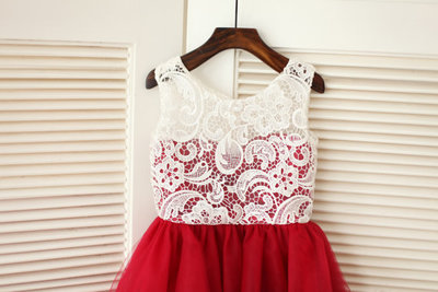 Red Tulle Ivory Lace Flower Girl Dress Children Toddler Dress for Wedding Junior Bridesmaid Dress