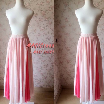 Red elastic waist 2 layer chiffon split skirts