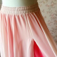Red Elastic Waist 2 Layer Chiffon Split Skirts - Thumbnail 3