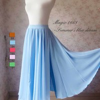 Light Blue Long Chiffon Skirt Women Plus Size High Waisted 2 Layer Chiffon Long Split Skirt Outfit - Thumbnail 1