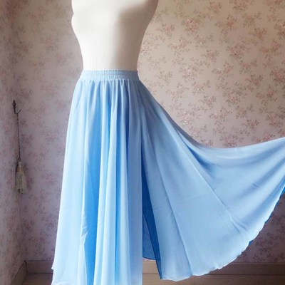 Light blue long chiffon skirt women plus size high waisted 2 layer chiffon long split skirt outfit