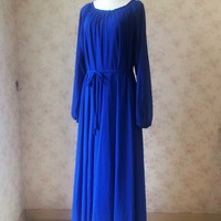 Women Royal Blue Long Sleeve Loose Maxi Chiffon Plus Size Chiffon Dress - Thumbnail 2