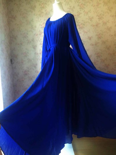 Women Royal Blue Long Sleeve Loose Maxi Chiffon Plus Size Chiffon Dress